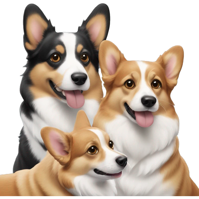 Three corgis. One is a red headed tri, one is a black headed tri, and one is a blue Merle with blue eyes emoji