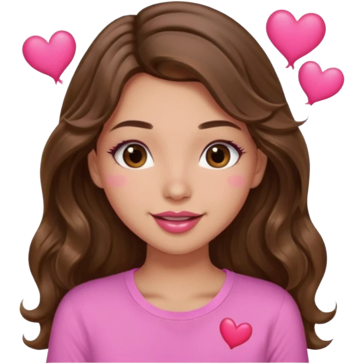 girl with long wavy brown hair, brown eyes, light to medium complexion, in a pink shirt, pink lips, long lashes, sexy , puckering lips kissing, blushing with hearts emoji