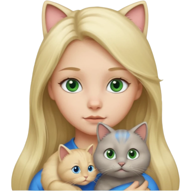 blonde girl with long blonde hair and blue eyes with chubby gray cat with big green eyes emoji