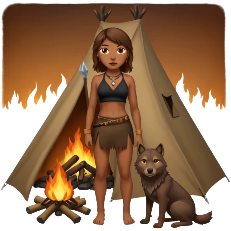 a NEANDERTHAL WOMAN WITH BROWN HAIR STANDING BY A FIRE AND TENT WITH BLACK WOLF HALTER TOP emoji