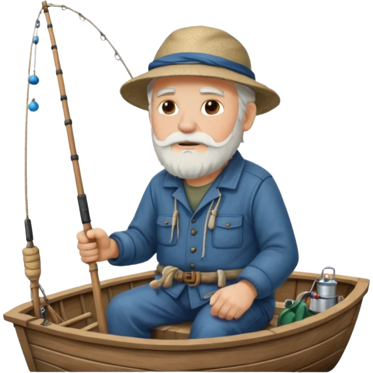 an old white haired, bearded man in fisherman attire, sat in a big boat on the ocean, holding one fishing rod in one hand, with the end of the fishing line touching the water emoji