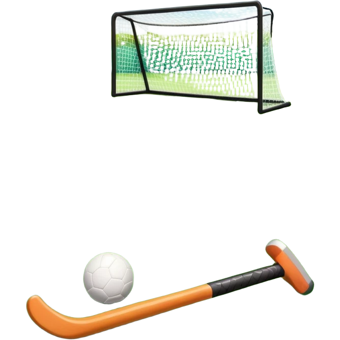 A field hockey stick and ball resting on a well-maintained grass field, with the goalposts and markings visible in the background. The scene highlights the precision and focus of the sport, with the vibrant green pitch creating a dynamic atmosphere. emoji