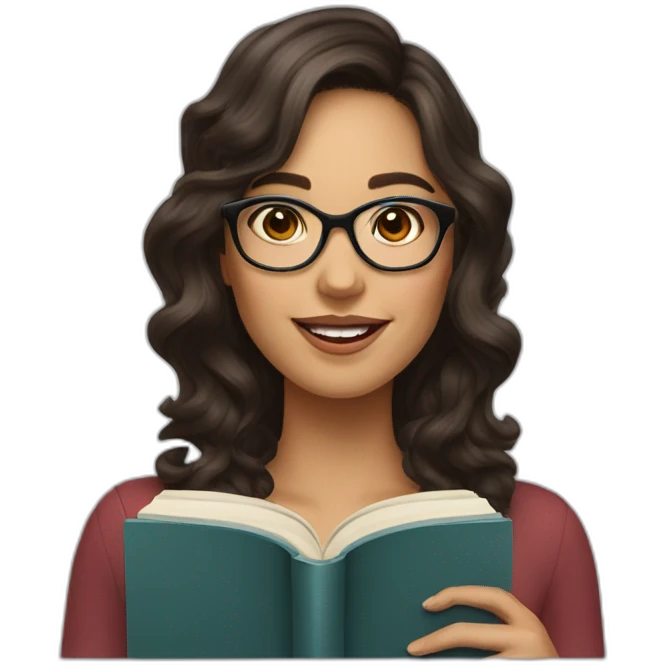 young woman with glasses and medium length wavybrunette hair halding a book emoji
