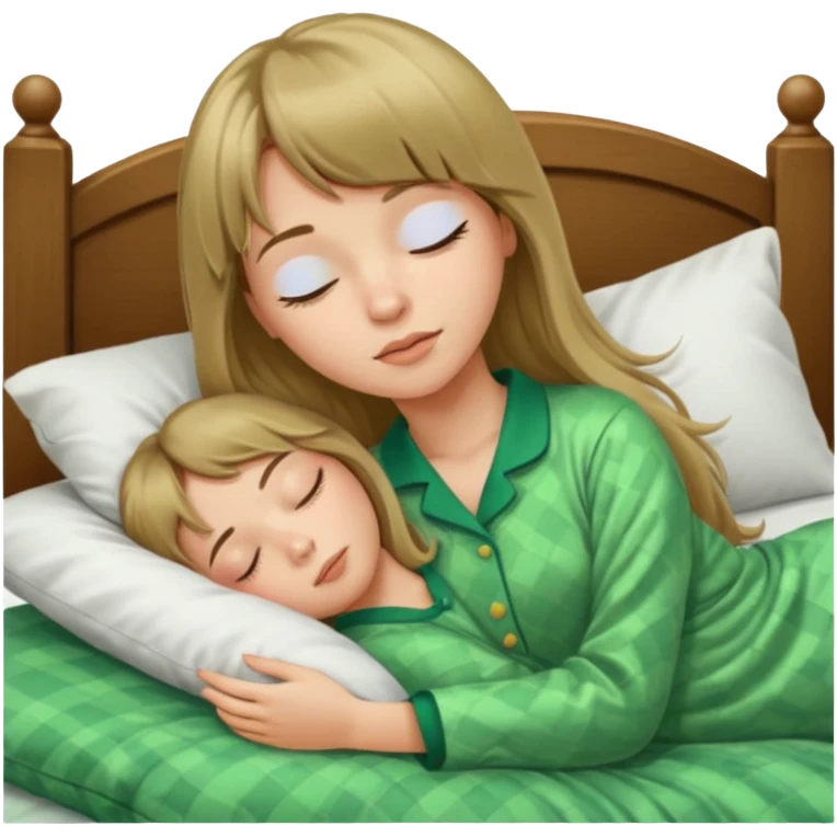 Young woman with long dark blond hair and a bang sleeping in bed  with green pyjama emoji