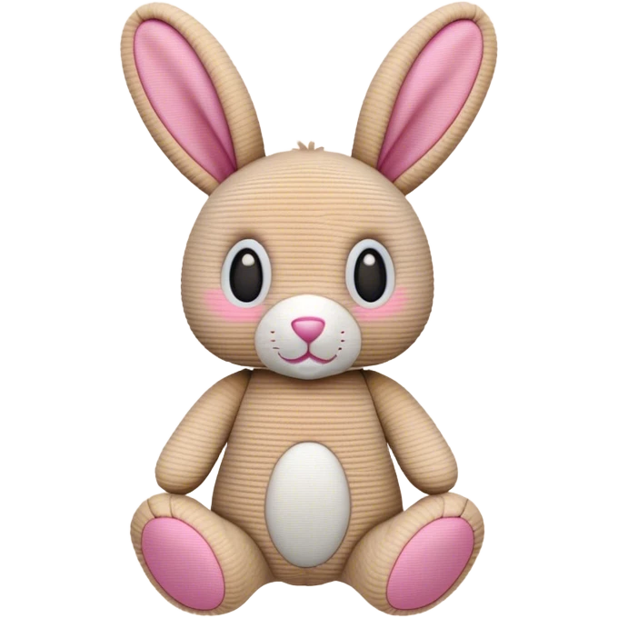 A corduroy bunny rabbit toy in a beige/brown colour,it’s left ear is half missing but the fabric has been sown up ands it’s left eye has gone it has a pink triangle nose and the inside of its slightly floppy ears is pink as well  emoji