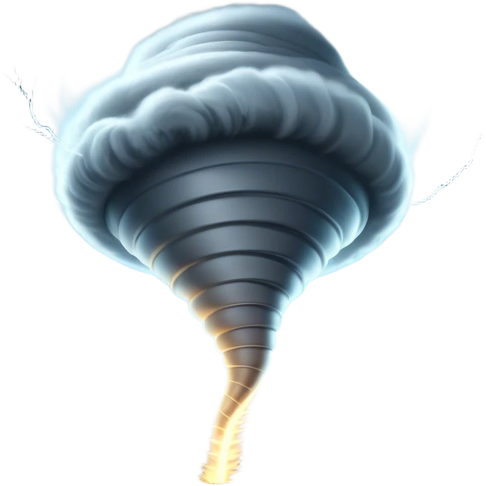 Cinematic Realistic Tornado Emoji, Spiraling fiercely, with dark swirling clouds that twist and stretch downward in a funnel shape. The winds whip up debris as the tornado roars across the landscape, leaving a trail of awe and fear. Soft glowing outline, capturing the essence of wild force and unpredictable power in a mighty tornado! emoji