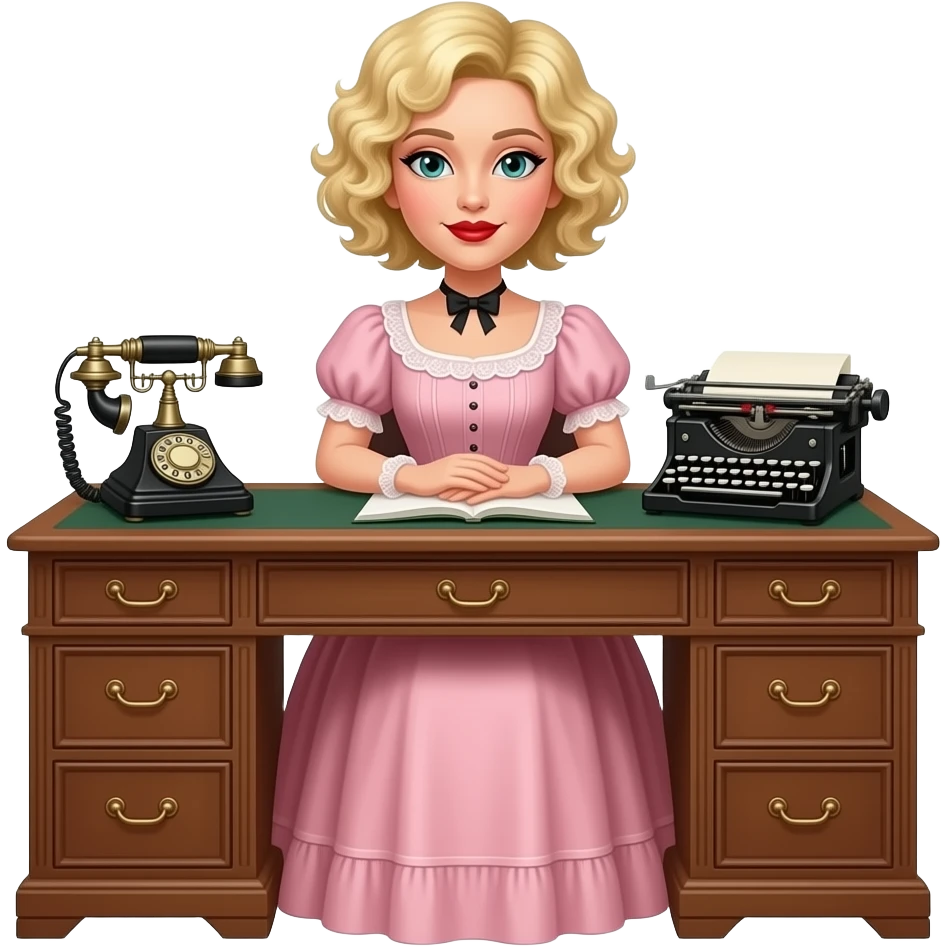 short blonde curly pixie bob hair in a 1800 pink dress sitting down an antique desk, antique phone, and antique typewriter with red lipstick emoji