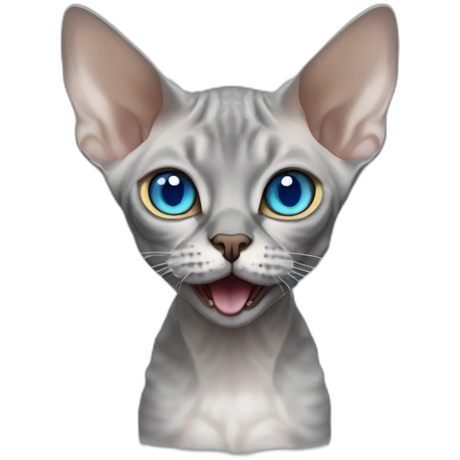 grey Devon Rex cat with blue eye open mouth emoji