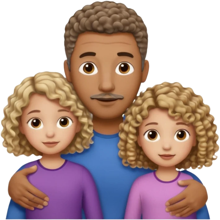 Brown dad with short fade with his two daughtersbone who is 5 and has curly brown and blone hair and one who is smaller who has wavy hair mixed race emoji