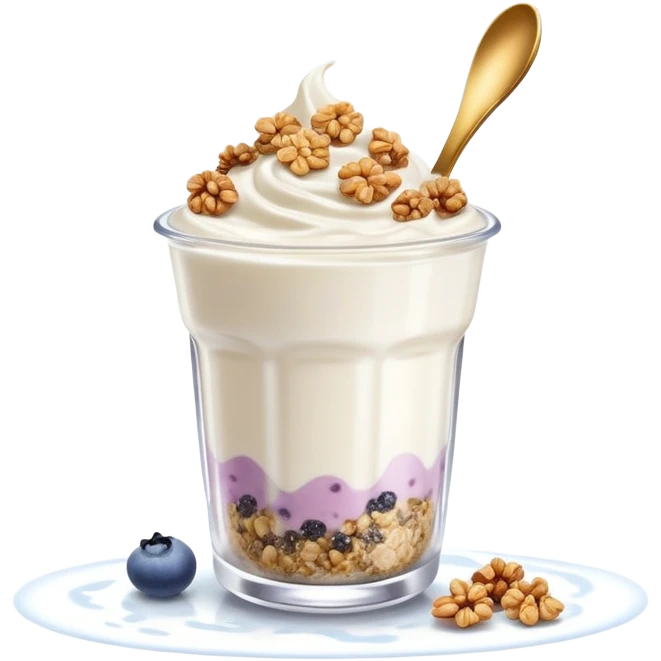 Mystical floating Greek yogurt cup with magical protein granola and glowing chia seeds, surrounded by sparkles and celestial aura emoji