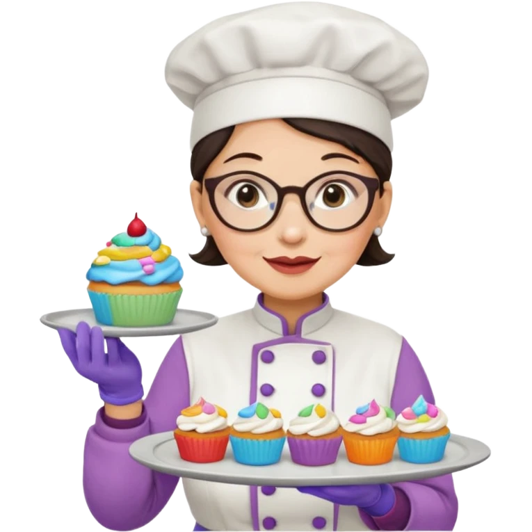 Older female pastry chef – round glasses, oven mitts on, holding a tray of cupcakes

 emoji