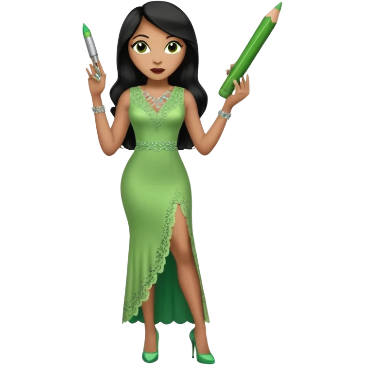 A plus-size light-skinned Black woman is wearing makeup. She has long, straight, waist-length black hair and is wearing a green sleeveless dress with rhinestones and lace and a low neckline. She is standing in green high heels and is holding a crayon in one hand, with the other hand raised. emoji