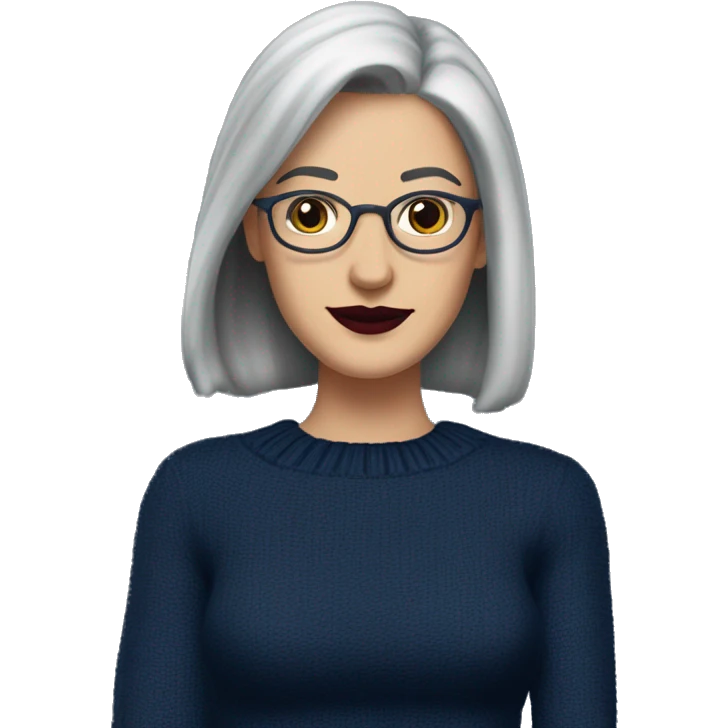 Attractive Caucasian woman with long straight grey hair worn over one shoulder,  wearing wire frame glasses, dark red lipstick, and a navy blue sweater, she has French facial features with a slightly upturned nose emoji