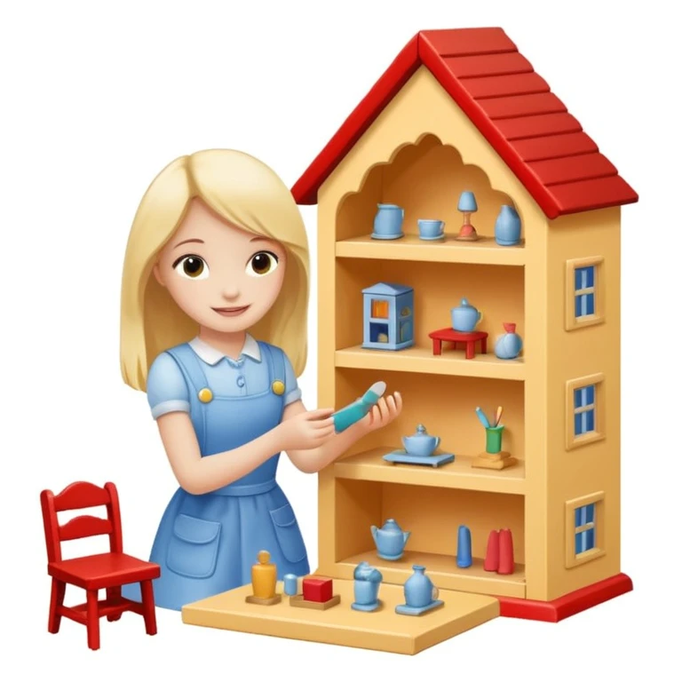smiling girl arranging furniture in doll house emoji