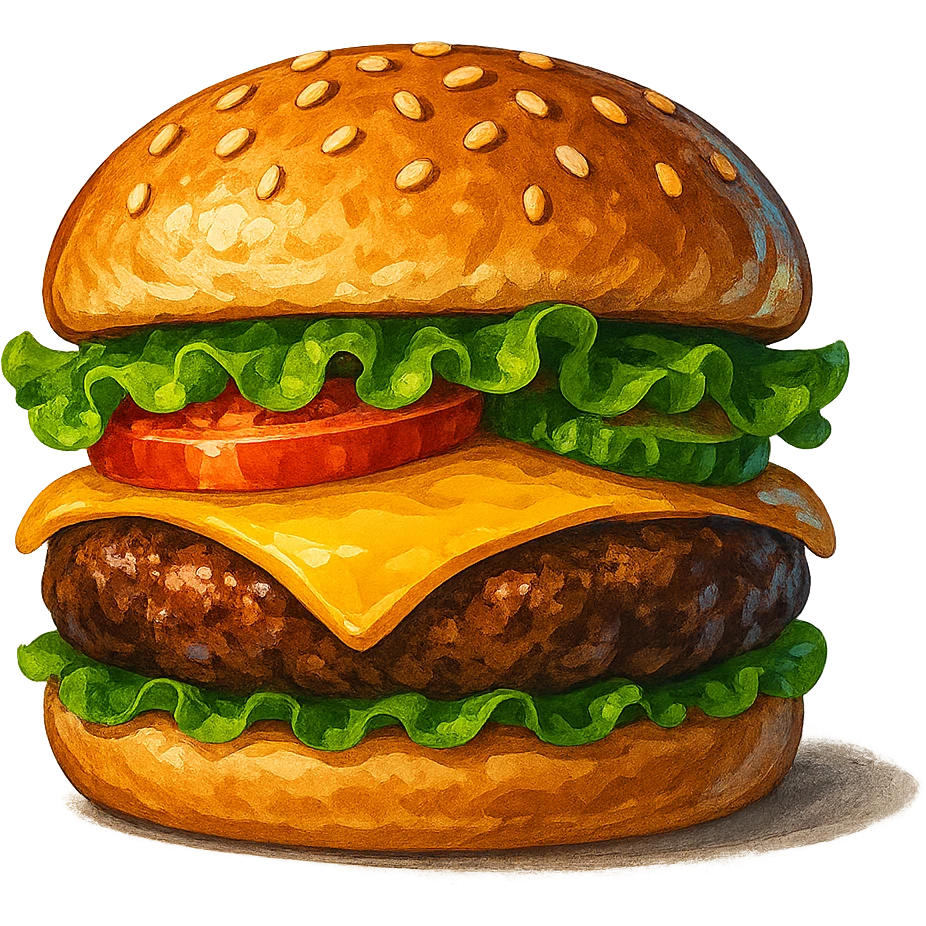В слега рисованном, но при этом ярком и объемном стиле сгенерируй картинку сочного американского бургера, профессионально выставленный свет, который подчеркивает объем, прозрачный фон emoji