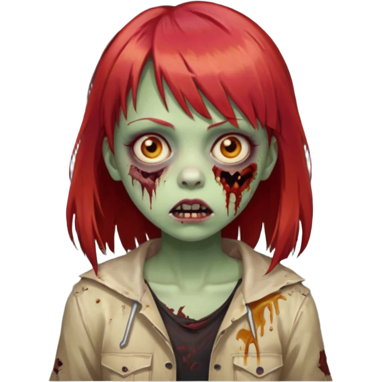 Uma menina de franja cheia, cabelos vermelhos e olhos de mel zumbi emoji