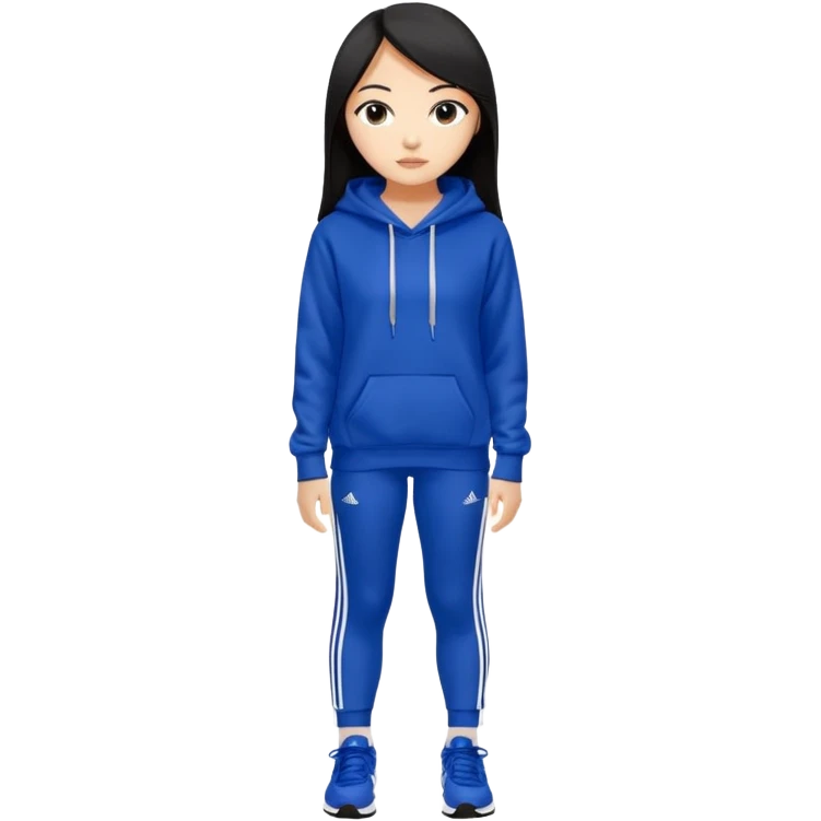 A pretty white/asian tanned girl with medium long strait dark brown almost black hair wearing a royal blue hoodie and leggings with adidas sambad emoji