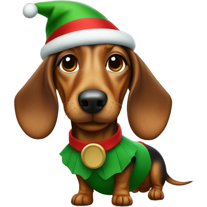 Daschund dog wearing a green and red elf outfit emoji