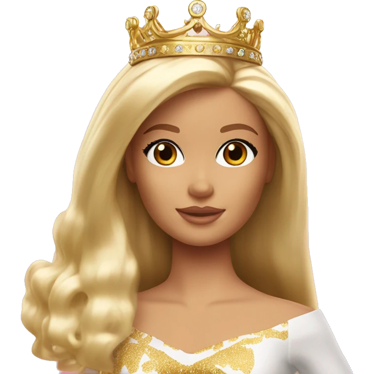 Blonde Barbie with bangs and long hair and hazel eyes wearing a gold crown emoji