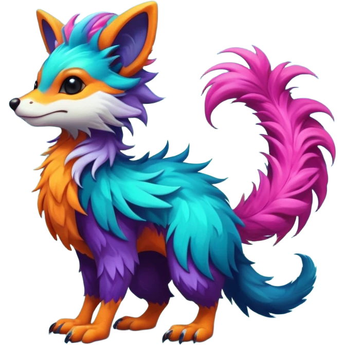 Cool randomly colored colorful furry anthropomorphic fantasy-Vernid-creature by LiLaiRa with a long tufted tail with edgy markings (full body) emoji