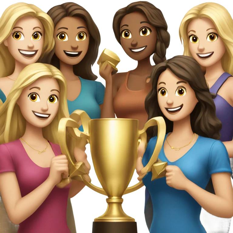 Eight beautiful blonde and brunette women celebrating with a huge gold trophy emoji