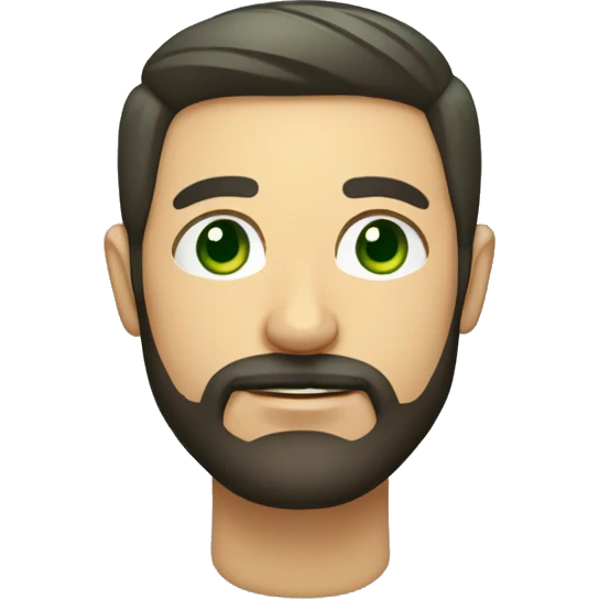 un rostro de barba corta, pelo y barba color oscuro, ojos verdes, realizando una muesca lateral con la boca emoji