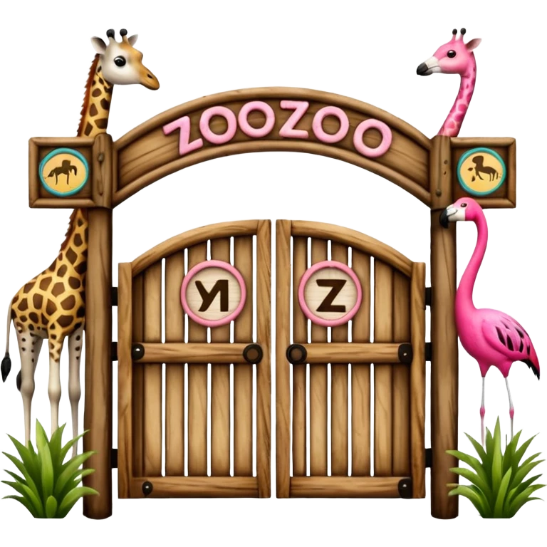 wooden zoo entrance gate with the word 'zoo' on top, featuring a giraffe, panda, zebra, and flamingo, natural hand-crafted emoji style, not AI-generated emoji