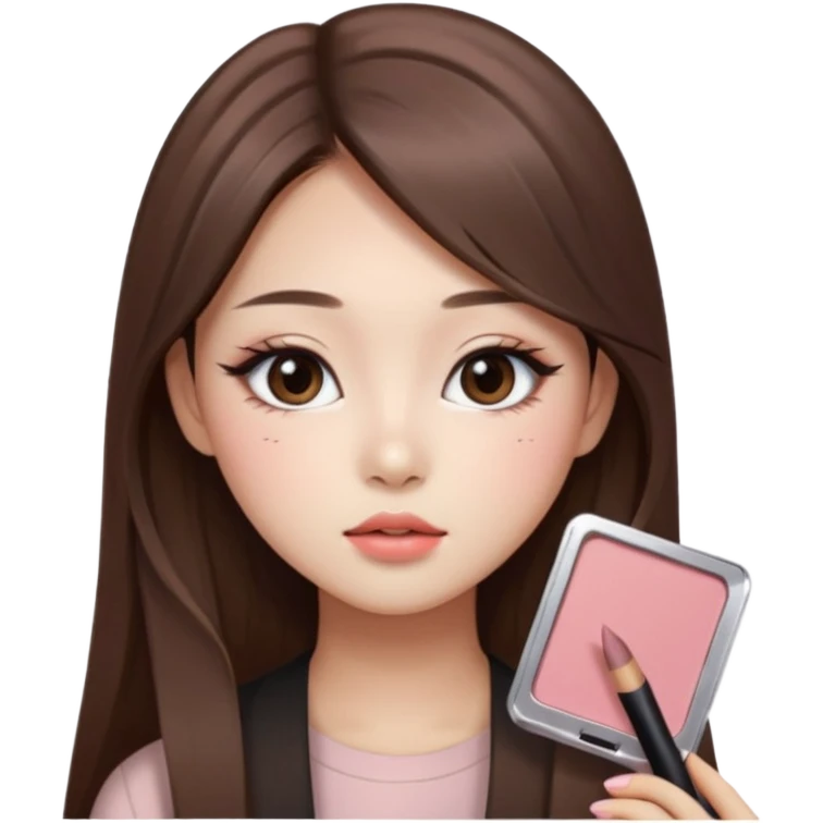 “korean straight long brown hair Emoji girl, soft eyeliner and blush, gradient lips, light brown shimmer eyeshadow emoji