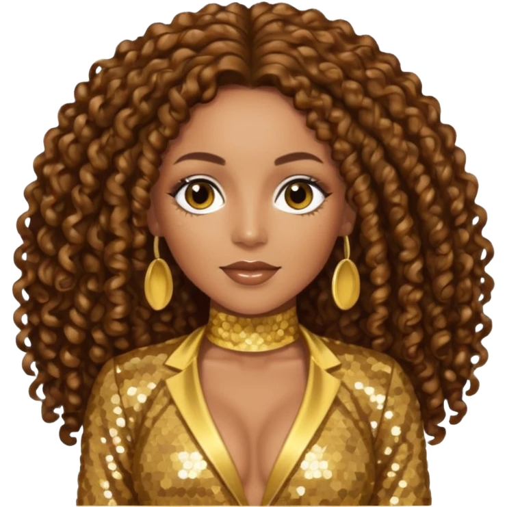 Melanie Brown with brown long curly hair, gold outfit emoji