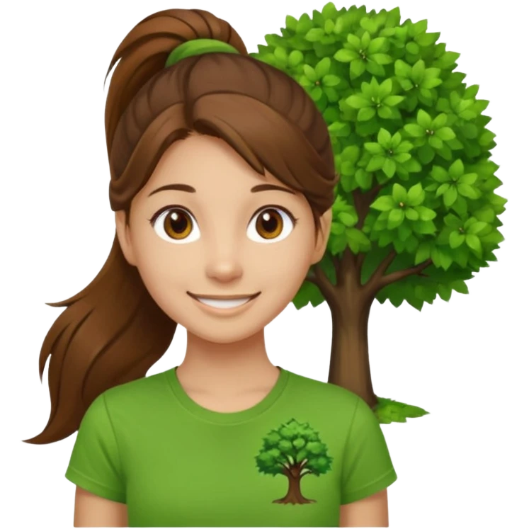 Make a zumba coach emoji, brown eyes, brown hair girl, long ponytail,green t shirt with a tree logo on It emoji