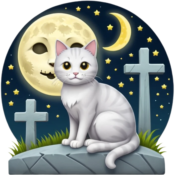 grau weiße Katze bei vollmond auf dem friedhof neben einem grabstein emoji
