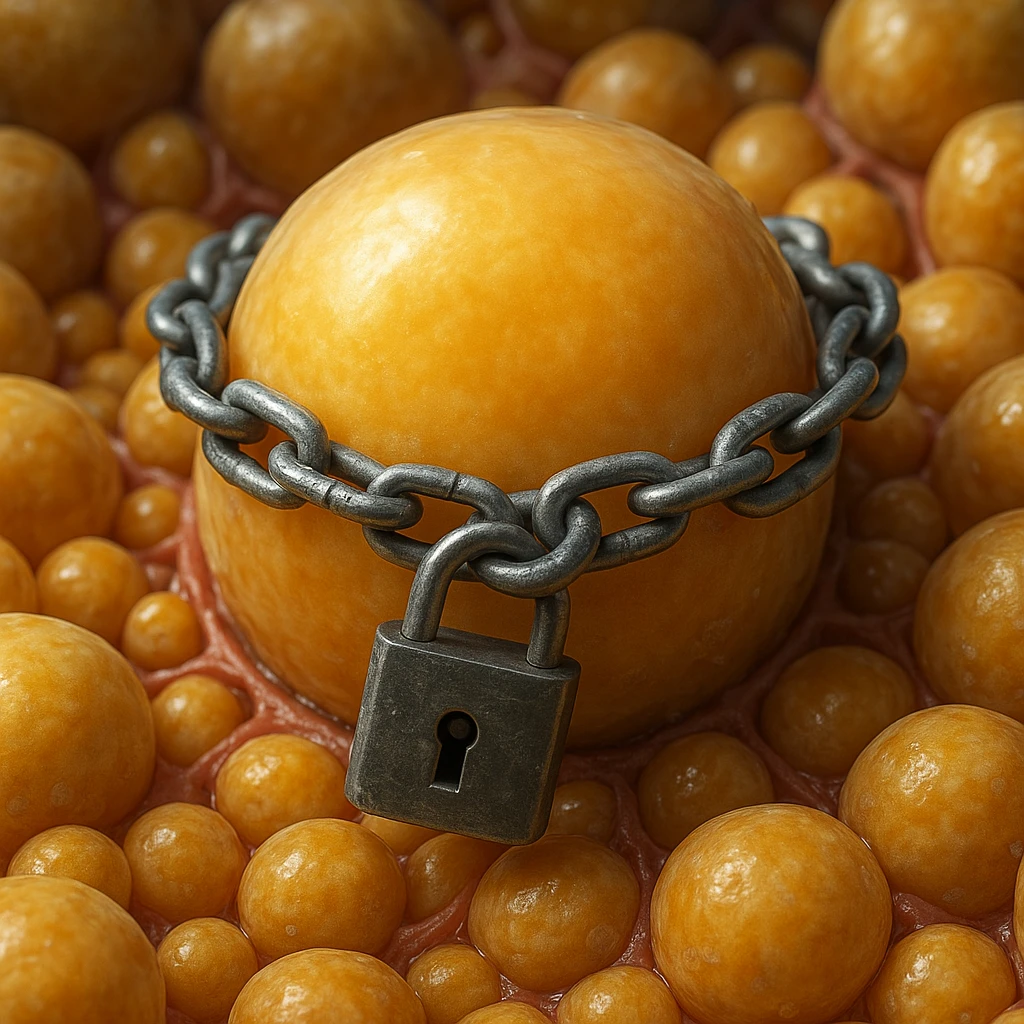 adipocyte in adipose tissue surrounded by chains and padlock, hyper realistic 4K, cellular details, scientific atmosphere, realistic colors emoji