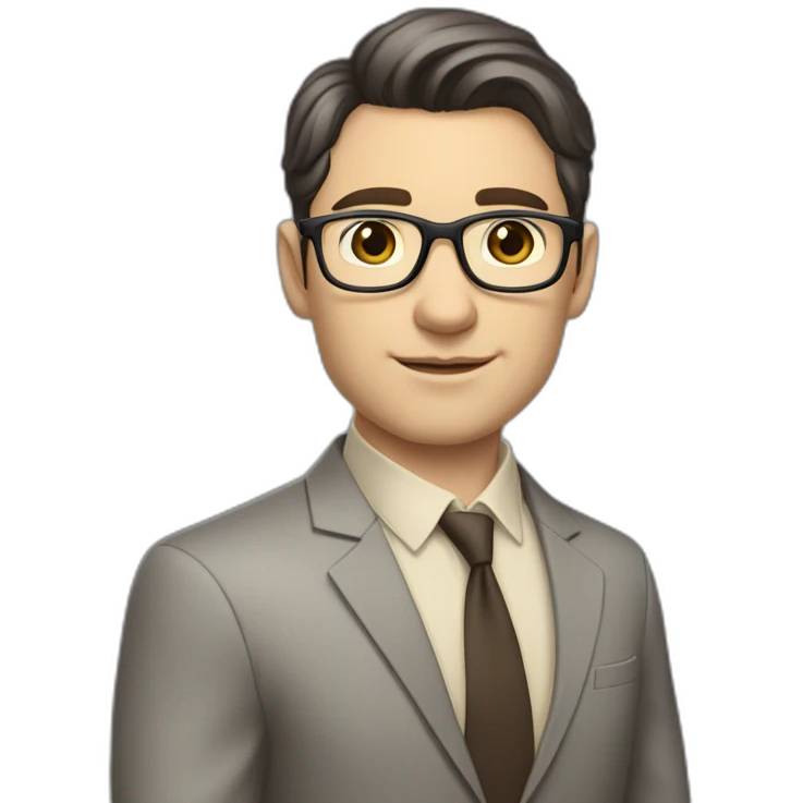Full height Pale skinned Fit Man With dark brown hair in classic gray suit, beige office shirt, dark gray tie, and vintage glasses. His palms lock emoji