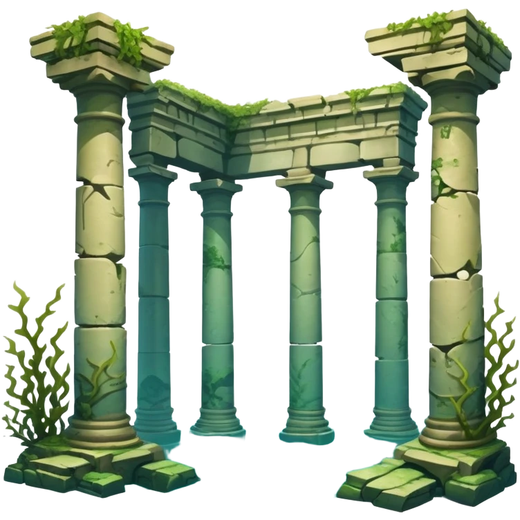 Simple Atlantis underwater ruins, fallen columns, broken domes, ancient stone structures, minimal details emoji