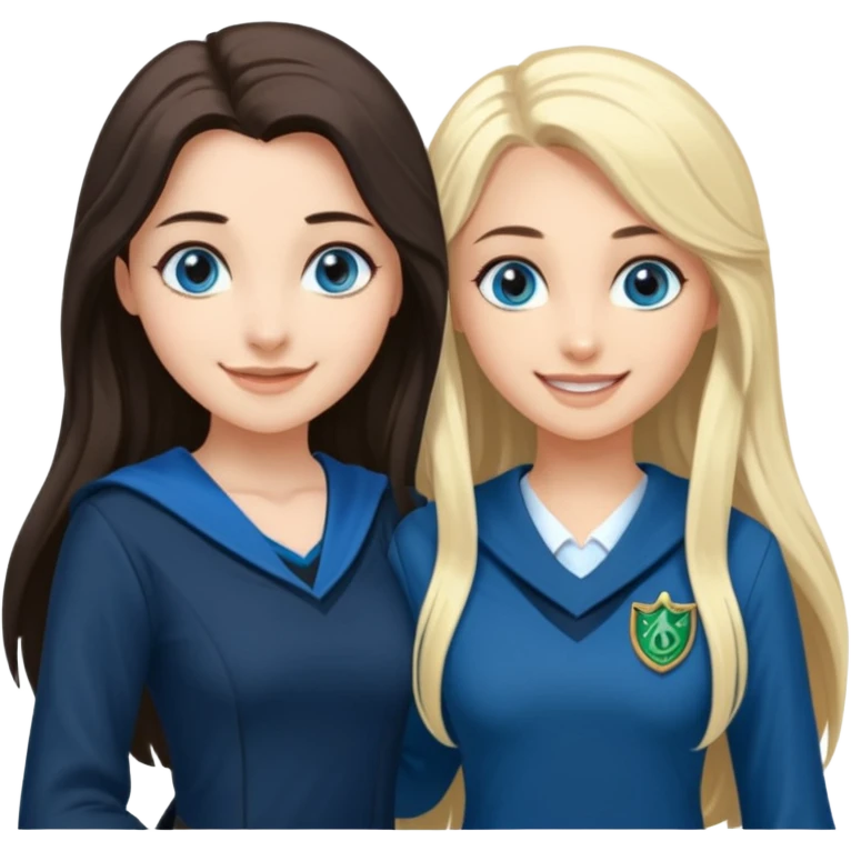 a pretty ravenclaw girl with long dark brown hair and blue eyes standing with a hot Slytherin girl with long blonde hair, blue eyes and big boobs  emoji