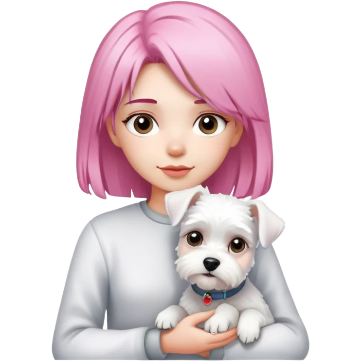 Pink-haired girl holding a white schnauzer dog emoji