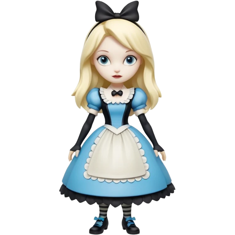 Isolated, detaile illustration of the most incredibly gothic punk modern day style of disney's Alice in wonderland
figurine imaginable, toy style. emoji
