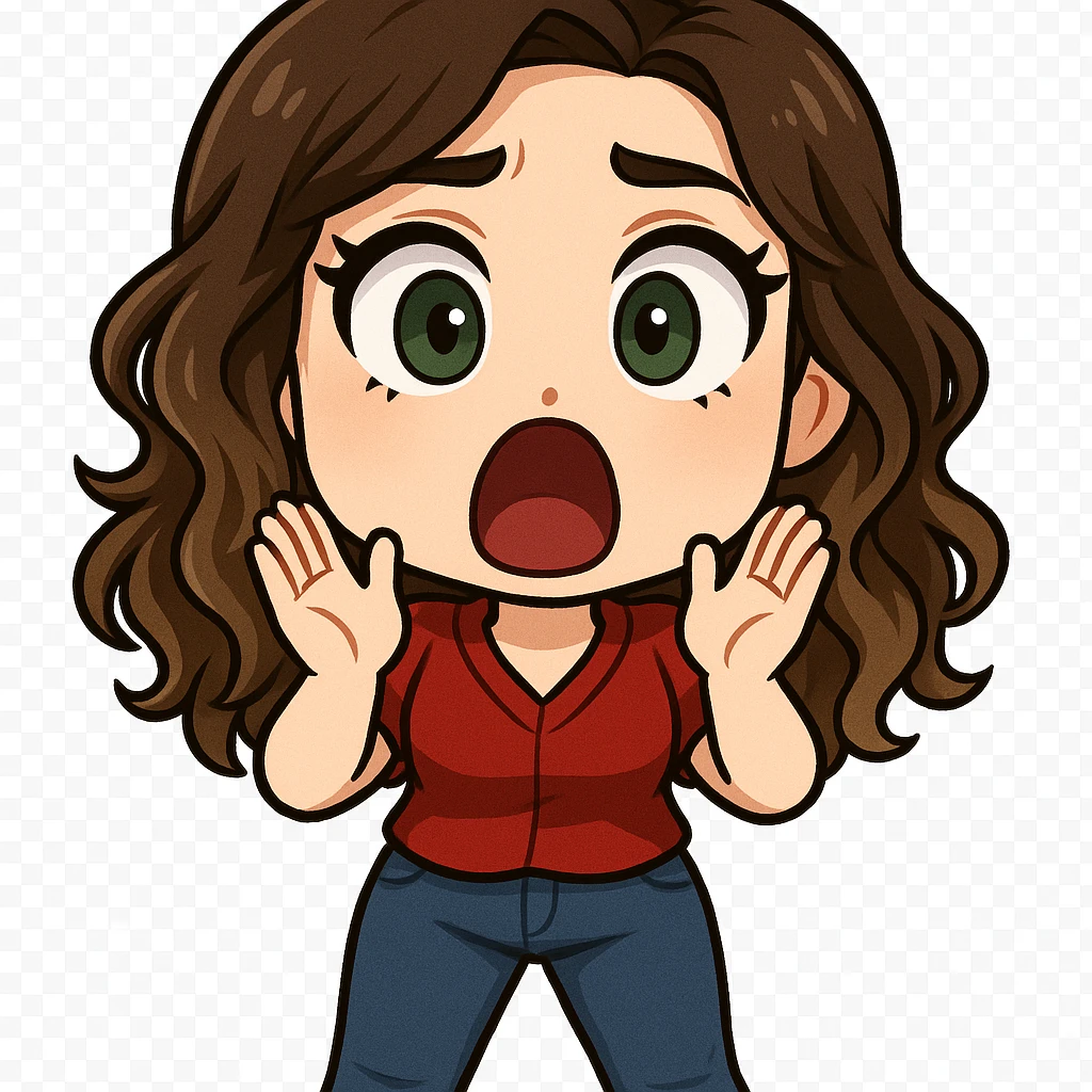 chibi emote of the woman from the reference images, wearing a red blouse and jeans, surprised/shocked, no headband, no wand, transparent background emoji
