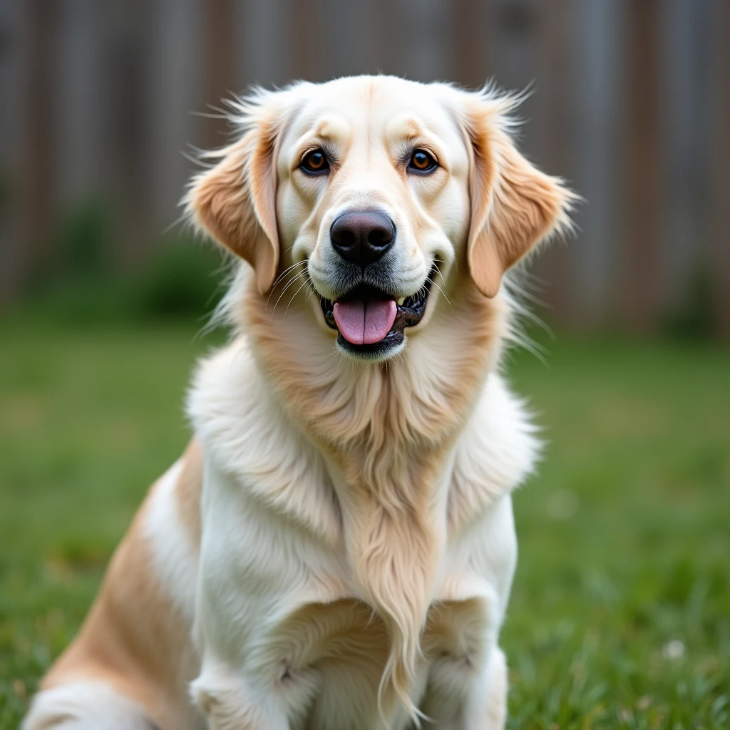 adult english cream golden retriever sitting on grass, facing camera, fence in the background emoji
