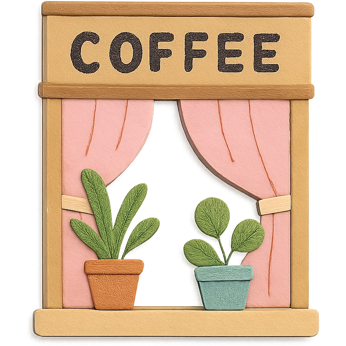cute coffee shop window with potted plants and pastel curtains, hand-drawn style emoji