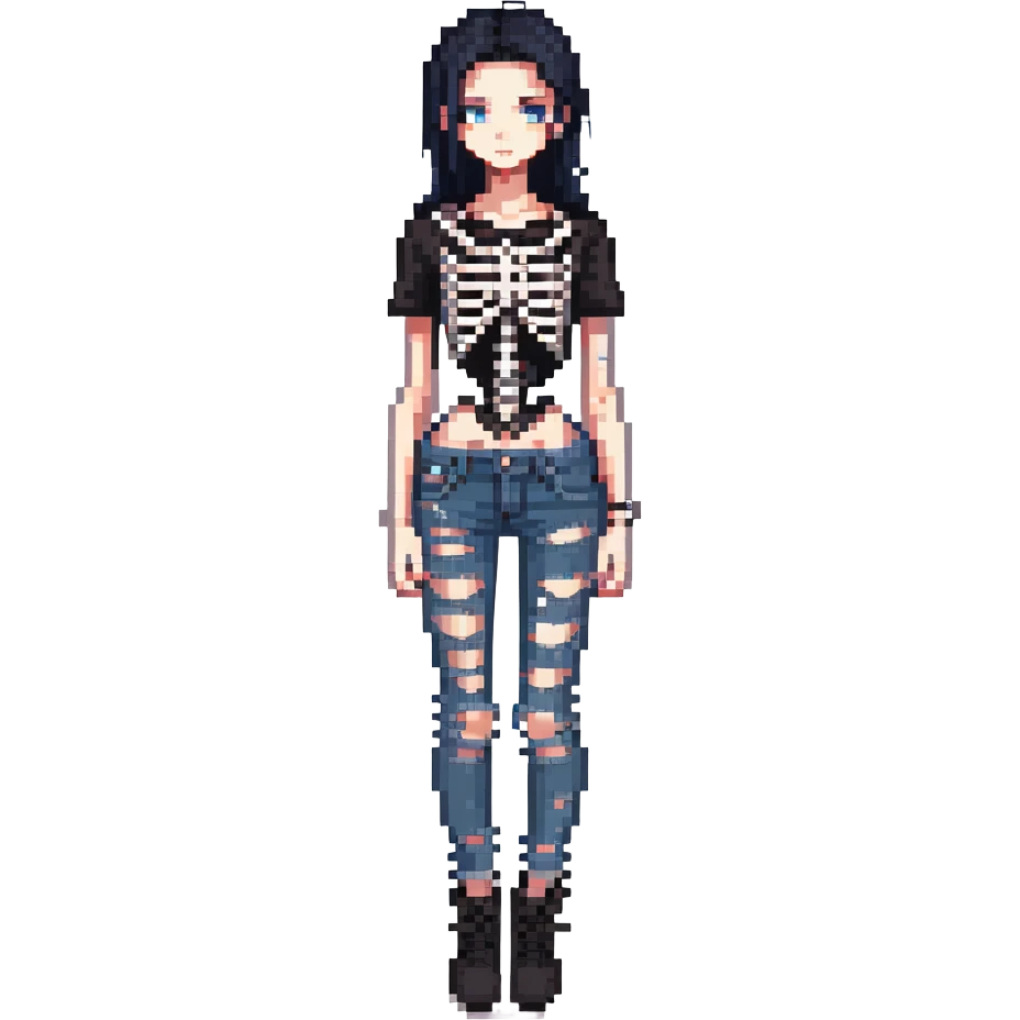 black-haired, blue-eyed person wearing a black skeleton top and ripped black jeans emoji