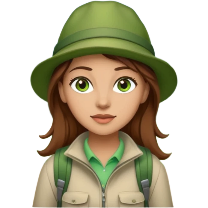 woman hiking in the woods in the sunshine. light face and green eyes. wearing a hat, brown hair emoji