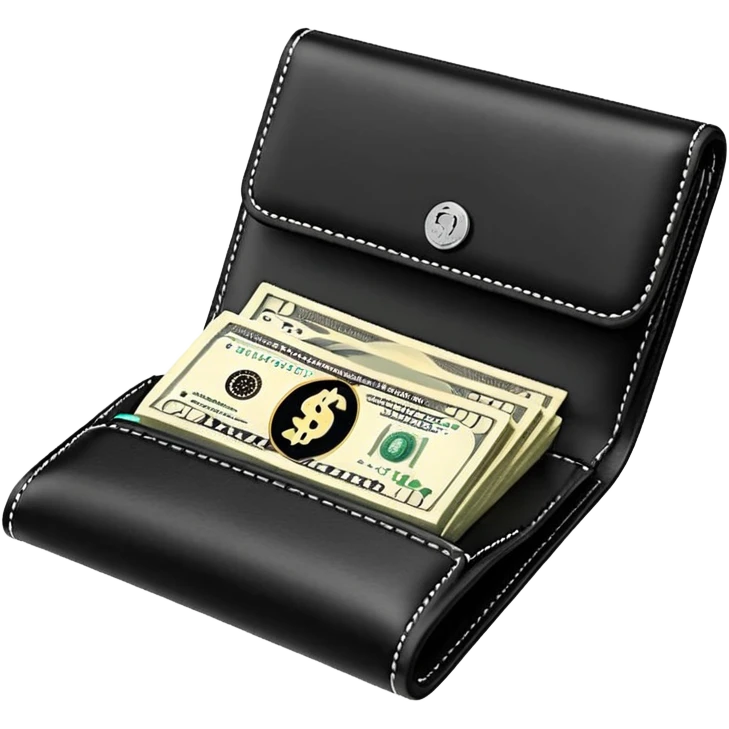 Rich emoji style black leather wallet with dollar bills, luxury money vibe, premium 3D emoji, ultra clean, high detail, no background
 emoji