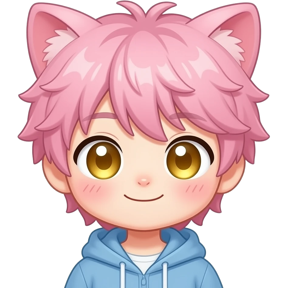 🎯 Основной (Blush / UwU — твой выбор №2)
chibi anime catboy femboy, pink fluffy hair, cat ears, golden shiny eyes, heavy blush across cheeks and nose, uwu mouth, shy happy expression, looking slightly up, soft smile, pastel color palette, thick clean outline, emoji