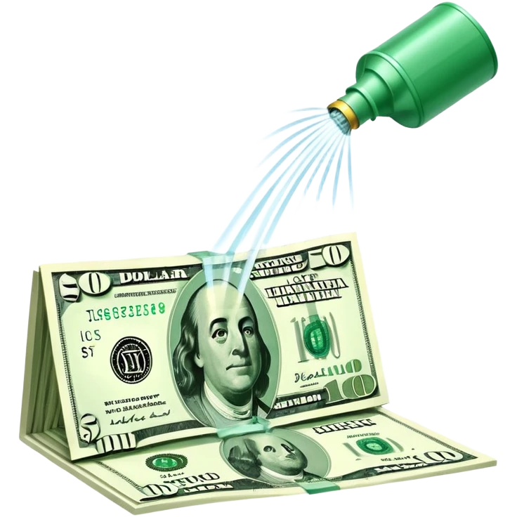 Sprinkler system shooting out streams of dollar bills, instead of water, clearly showing financial benefit emoji
