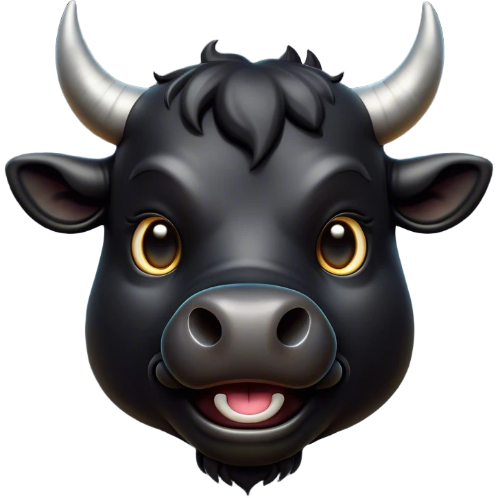 Cinematic Comical Black Bull Portrait Emoji, Head tilted dramatically with an exaggeratedly amused expression, featuring a striking, glossy black hide with a bold natural sheen, wide, expressive dark eyes filled with playful disbelief, Simplified yet hilariously expressive features, highly detailed, glowing with a slightly sassy glow, high shine, dramatic yet playful, stylized with an air of cheeky mischief, bright and endearing, soft glowing outline, capturing the essence of a spirited and over-the-top bull, so meme-worthy it feels like it could charge its way into internet fame instantly! emoji