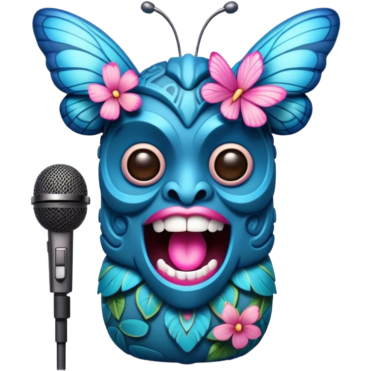Pixar style little Cartoon Blue and pink tiki singing with a butterfly and in the microphone, ultra detailed and lifelike imagery emoji