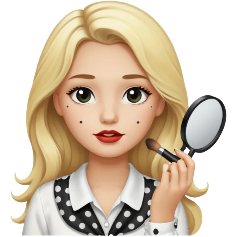 niña rubia con pelo largo y blusa blanca con lunares y maquillandose emoji