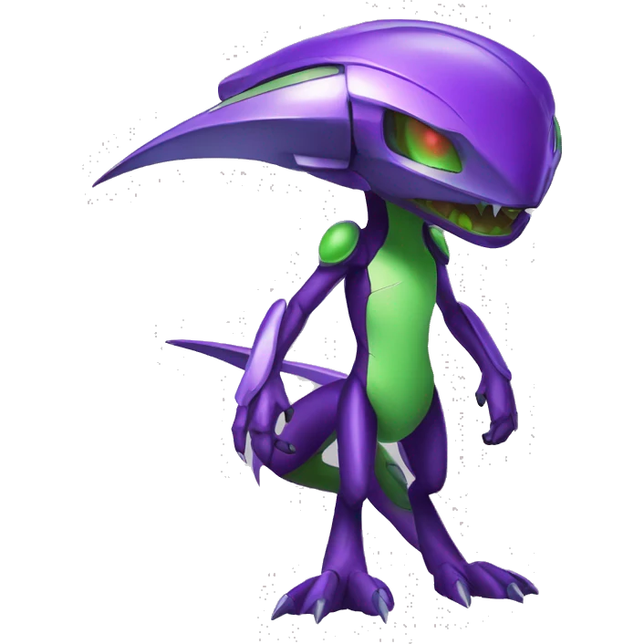 a shiny purple Genesect-Flygon-Raptor-Fakémon—hybrid with a futuristic visor-helmet full body emoji