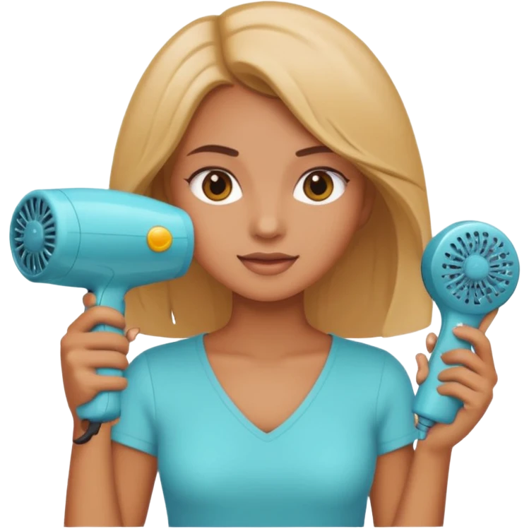 chica en la peluquería con secador de pelo en mano, fondo con productos de belleza, estilo emoji apple emoji